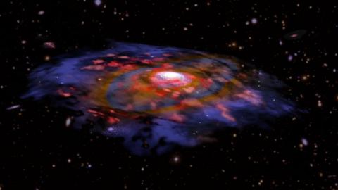Artist's illustration of a galaxy in the early universe that is very dusty and shows the first signs of a rotationally supported disk. Credit: B. Saxton NRAO/AUI/NSF, ALMA (ESO/NAOJ/NRAO), ALPINE team Galaxies in the Infant Universe Were Surprisingly Mature