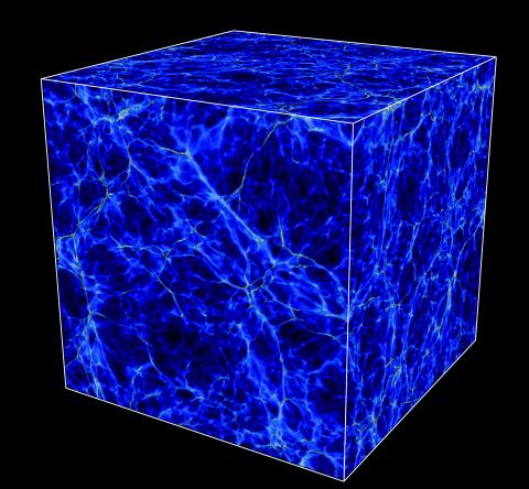 Volume rendering of the output from a supercomputer simulation showing part of the cosmic web, 11.5 billion years ago. Ripples in Cosmic Web Measured Using Rare Double Quasars