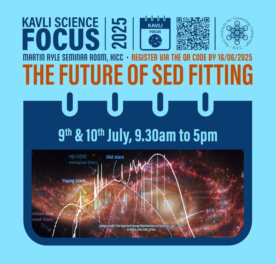 Event Poster Poster for the Kavli Science Focus 2025 event titled “The Future of SED Fitting”, held at the Martin Ryle Seminar Room, Kavli Institute for Cosmology (KICC), Cambridge. The event runs from 9–10 July, 9:30 AM to 5 PM.