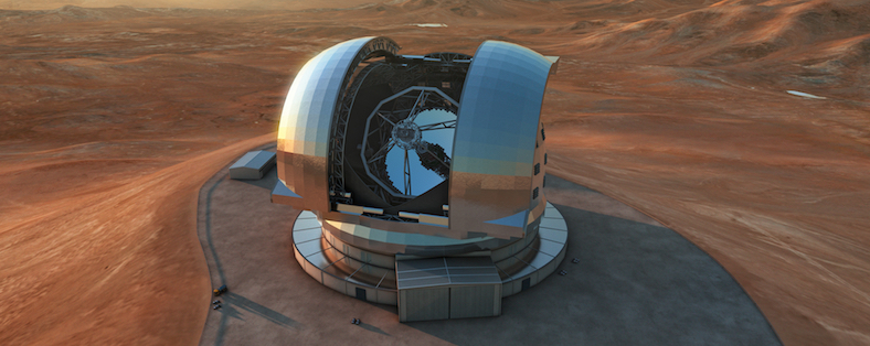 Artist's impression of the European Extremely Large Telescope (E-ELT) in its enclosure on Cerro Armazones, a 3060-metre mountaintop in Chile's Atacama Desert. The 39-metre E-ELT will be the largest optical/infrared telescope in the world — the world's big
